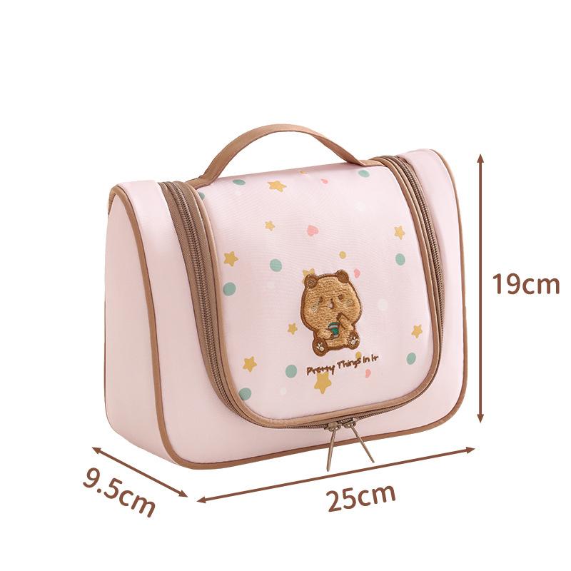 

Cartoon Embroidery Cosmetic Bag for Daily Use with Hanging Hook and Separate Compartments Travel Toiletry Makeup Organizer розовый