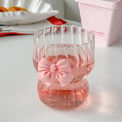 Rosa Schleife Glas Niedliche Wassertasse Cartoon Schleife Glastasse Gestreift Niedlich Doodle Kaffeetasse Haushalt Obst Tee Limonade Mädchen Geschenk