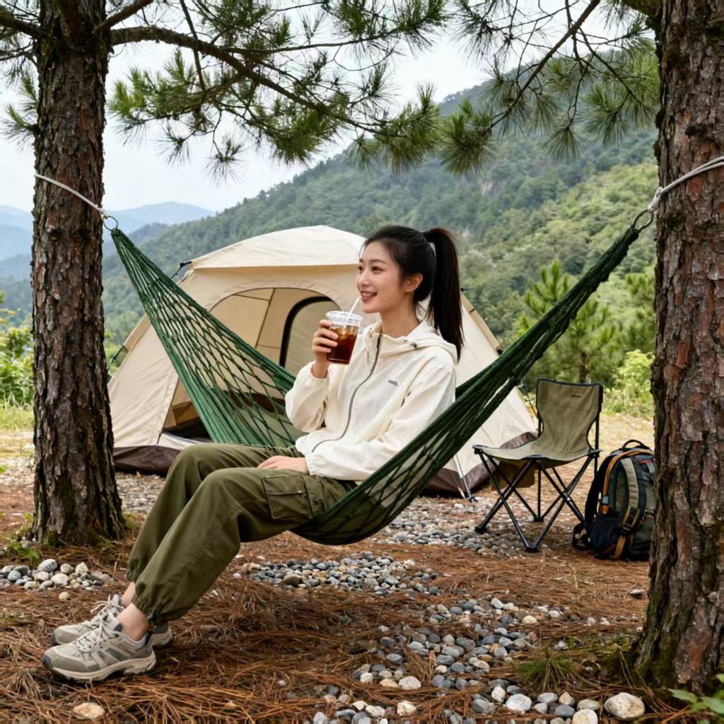 Outdoor Heavy-Duty Mesh Camping Hammock, Nylon Rope Single Portable Net Hammock, Lightweight & Strong, with Carry Bag