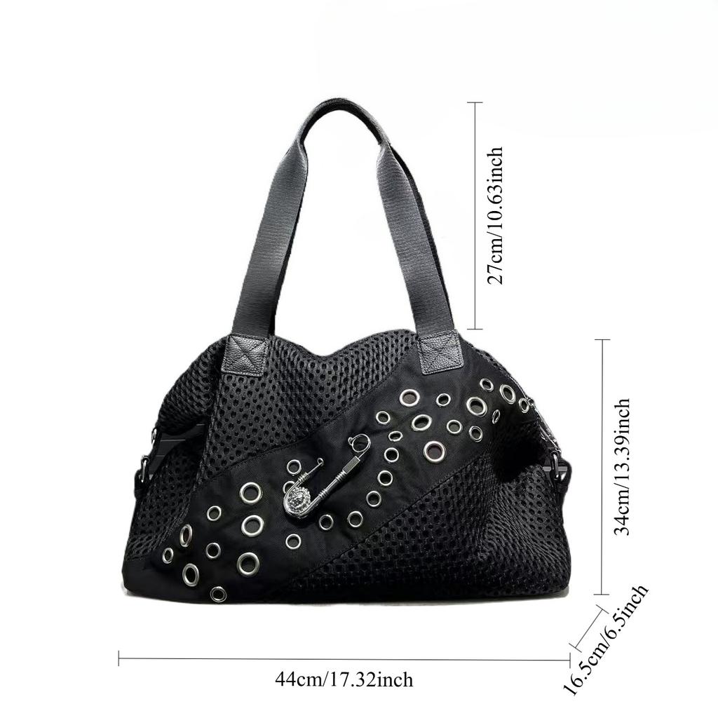 Women'S Personalized Mesh Oversized Tote Bag Large Pin Rivet Ring Shoulder Bag