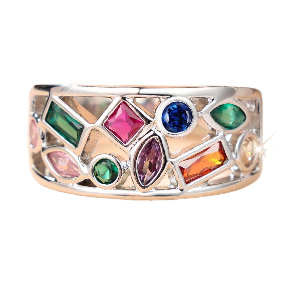 Niche design, multi-colored zirconia wide band ring Hollow-out rainbow diamond ring