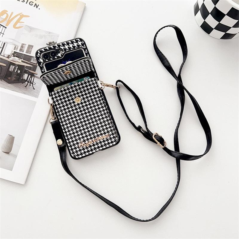 Black And White Grid Mobile Phone Case Is Suitable For Samsung Zflip6 Metal Red Panda Ears Wallet Crossbody Rope P50 Folding Screen
