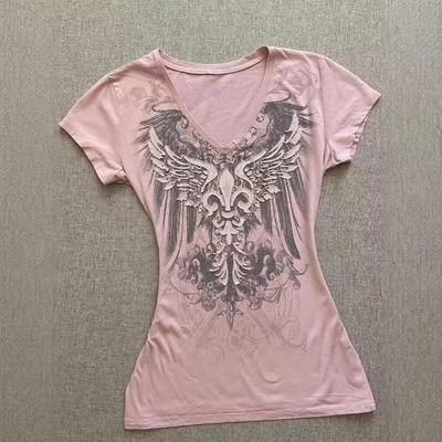 TrendHub Vintage Americano Sencillo Cuello en V Estampado Rosa Gráfico Camiseta Manga Corta Ajuste Delgado Skinny Grunge Crop Top Camiseta 2000S Y2K