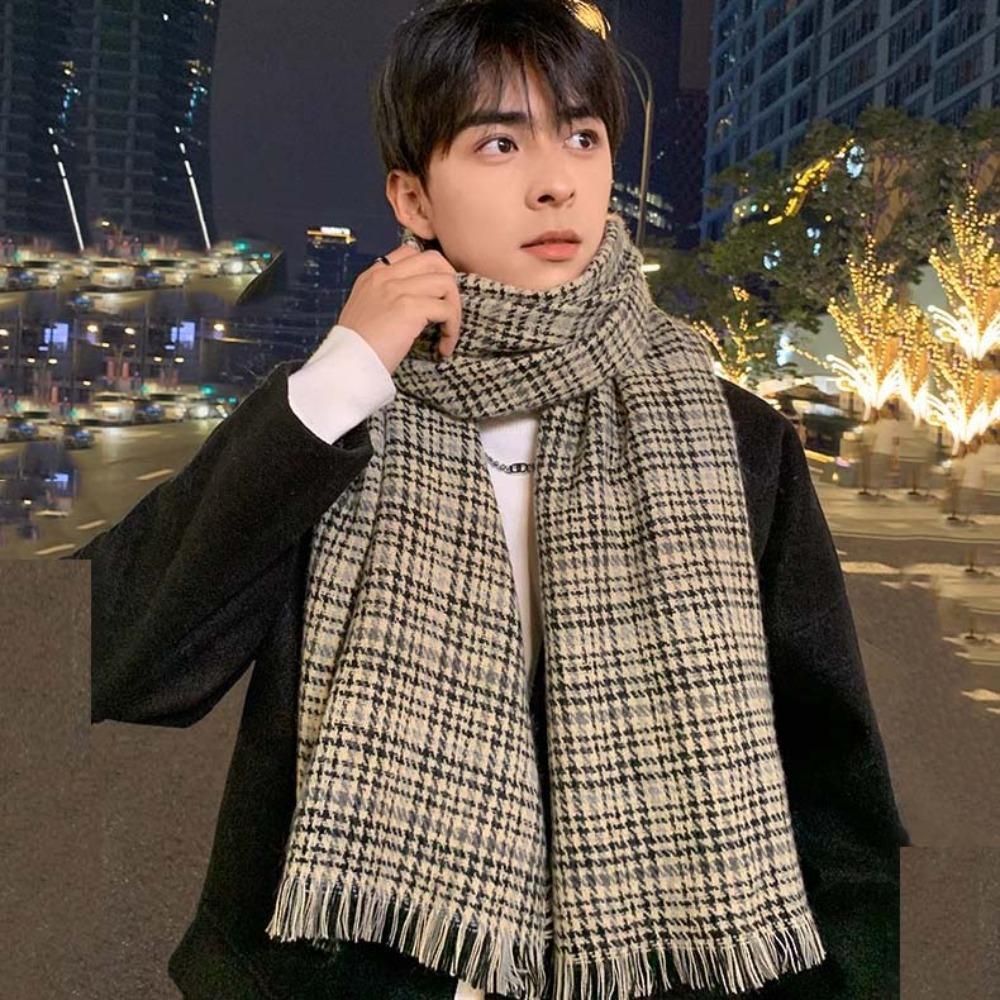 Long Men Thick Shawl Warm Double-sided Scarf Large Plaid Knitted Scarf Autumn