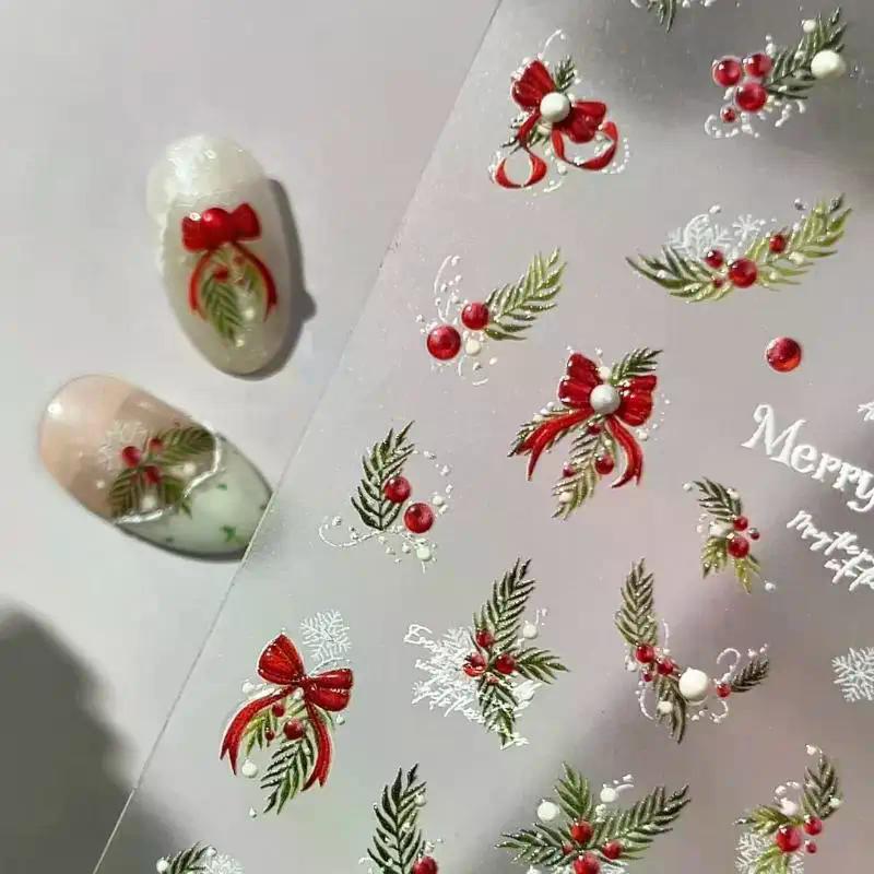 Vánoční nálepky na nehty Laserová sněhová vločka Reliéfní 3D vánoční strom Listy Kreslené Nositelné náplasti na nehty Manikúra Dekorace Kouzlo