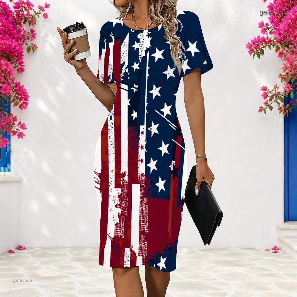 Women Plus Size Round Neck Short Sleeve White Black Printed Fitted Dress