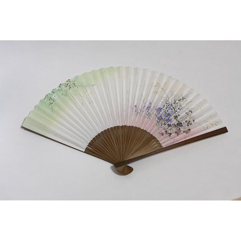 Used [New] [Hasegawa] Kyoto fan "Kikyou" double-sided pattern, handmade by Kyoto craftsmen, fan with tassels, beige, fan bag included, paper box 0