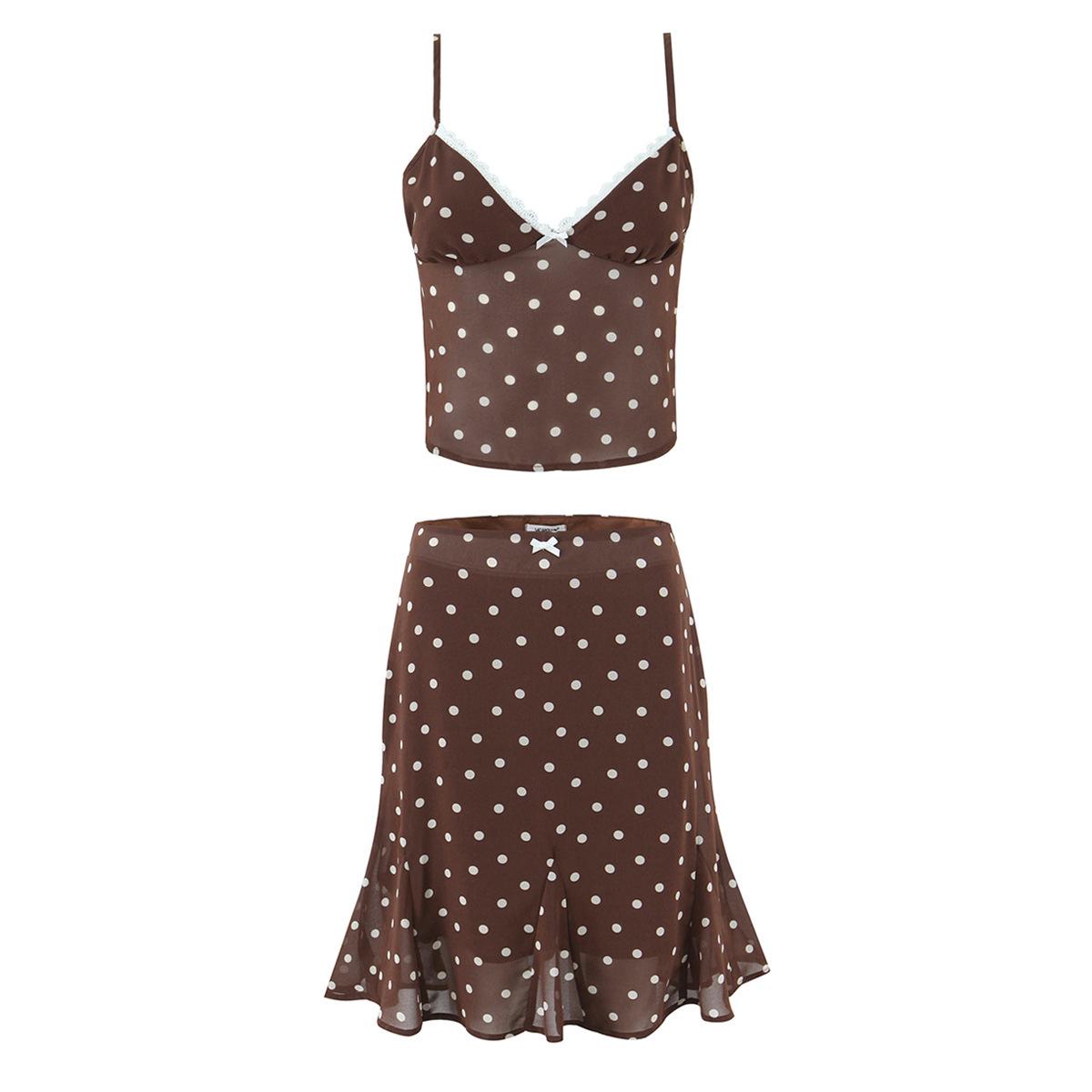 Комплект: Ретро Топ-камисоль и Юбка-рыбка в горошек из шифона - Женский летний наряд для путешествий S