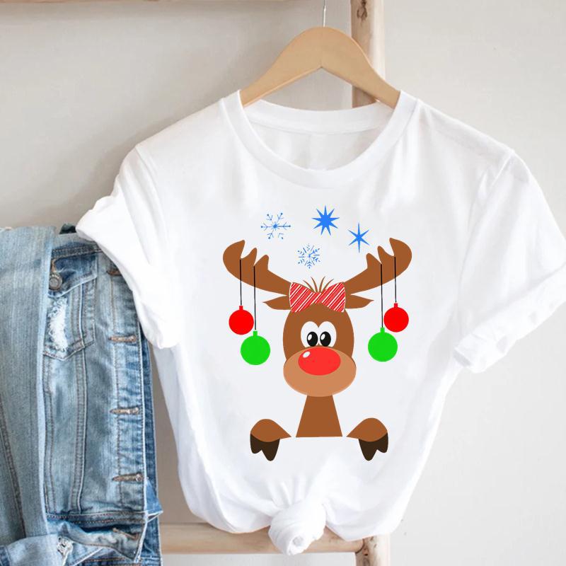 Cartoon Rudolph Reindeer Snowflake Print T Shirt Women Merry Christmas Holiday Short Sleeve Top