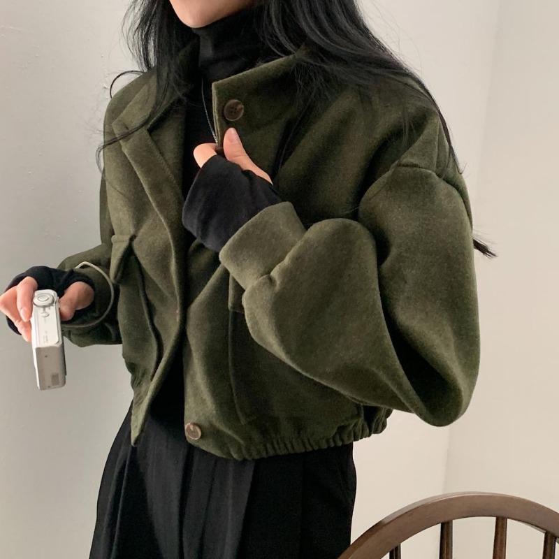 Autumn and Winter Fashion Stand-up Collar Women Short Coats Loose Casual Long Sleeve Office Shirt Ladies Elegant Simple Pockets Jackets Clothing