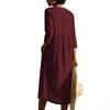 Ladies' Casual Round Neck Button Pocket Cotton Linen Mid Sleeve  Dress