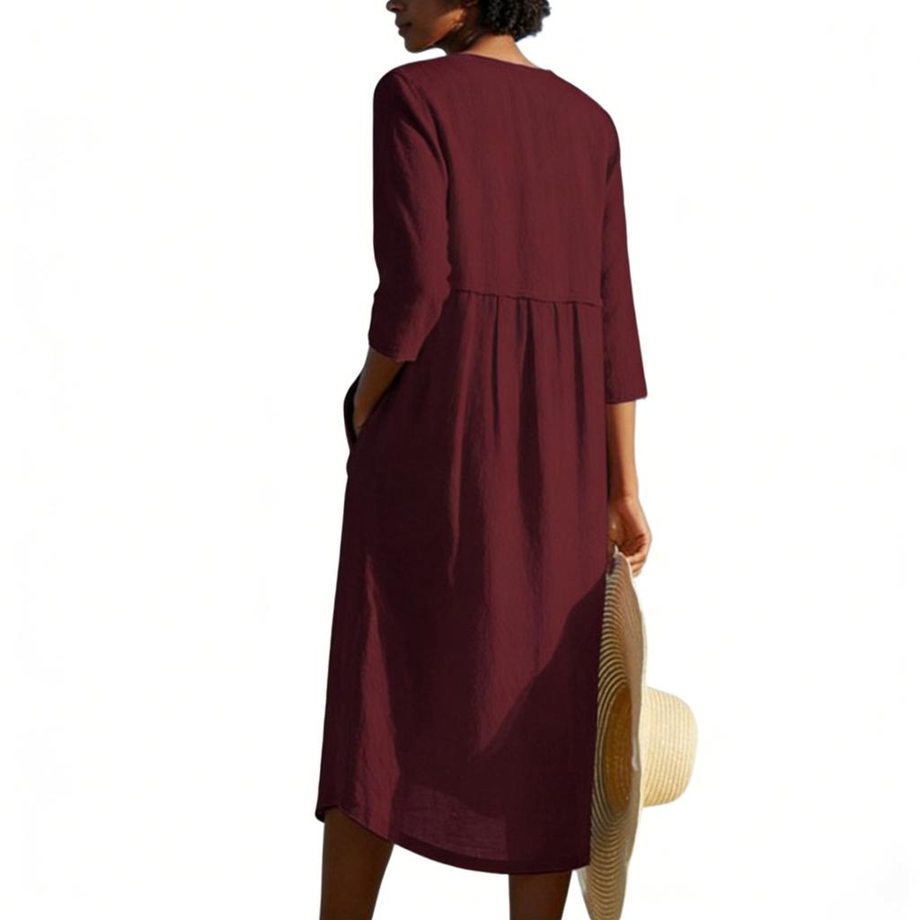 Ladies' Casual Round Neck Button Pocket Cotton Linen Mid Sleeve  Dress