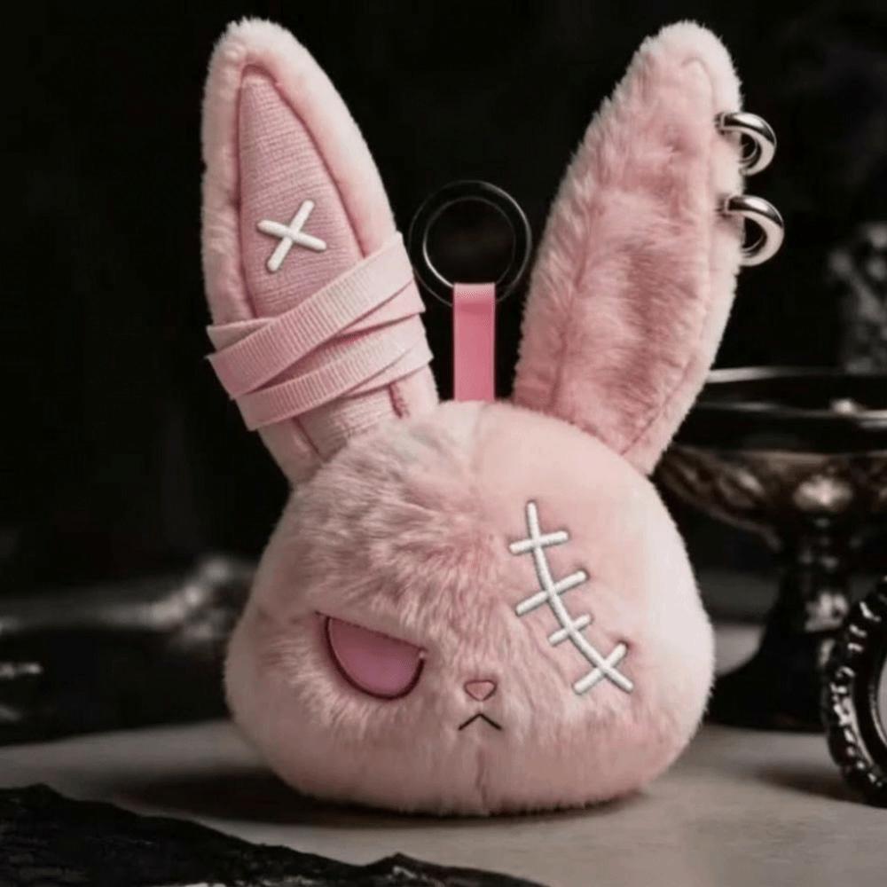 Gothic Wounded Rabbit Keyring Hoop Earrings Cute Furry Bag Pendant Gift For Women