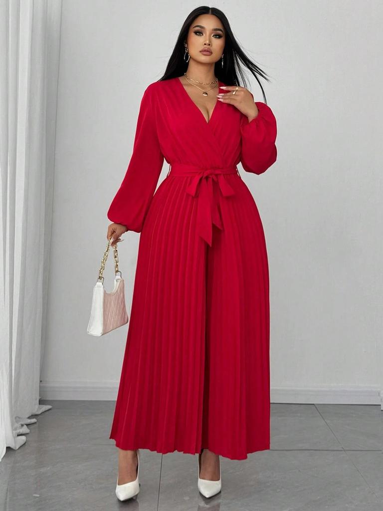 Plus Size Women's Elegant Long-Sleeve Pleated Jumpsuit with Cinched Waist