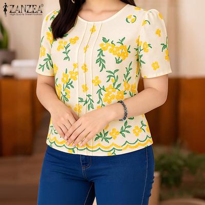 Blusa casual da donna con scollo rotondo, manica corta e stampa floreale
