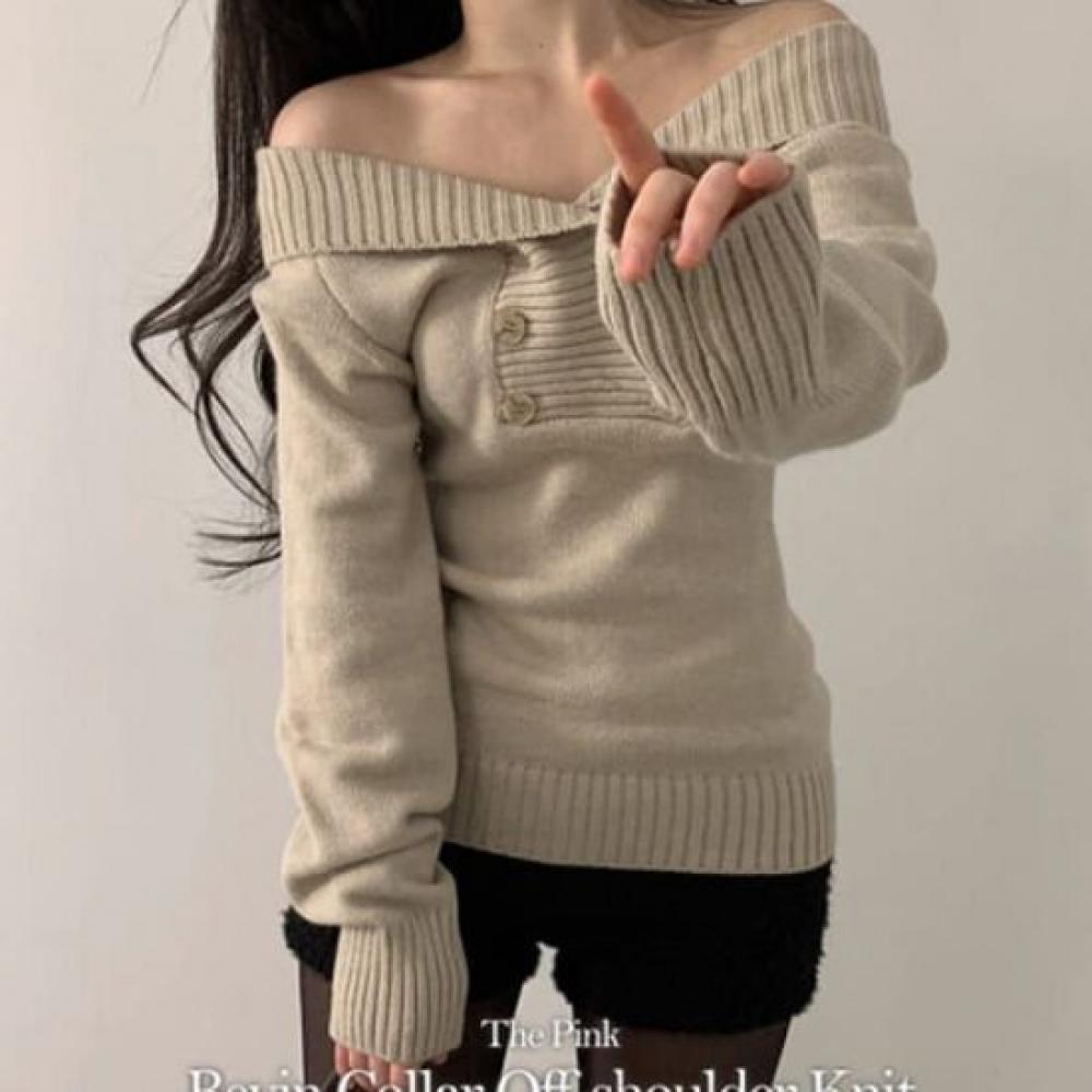 The Pink Slim Fit Off Shoulder Double Button Knit