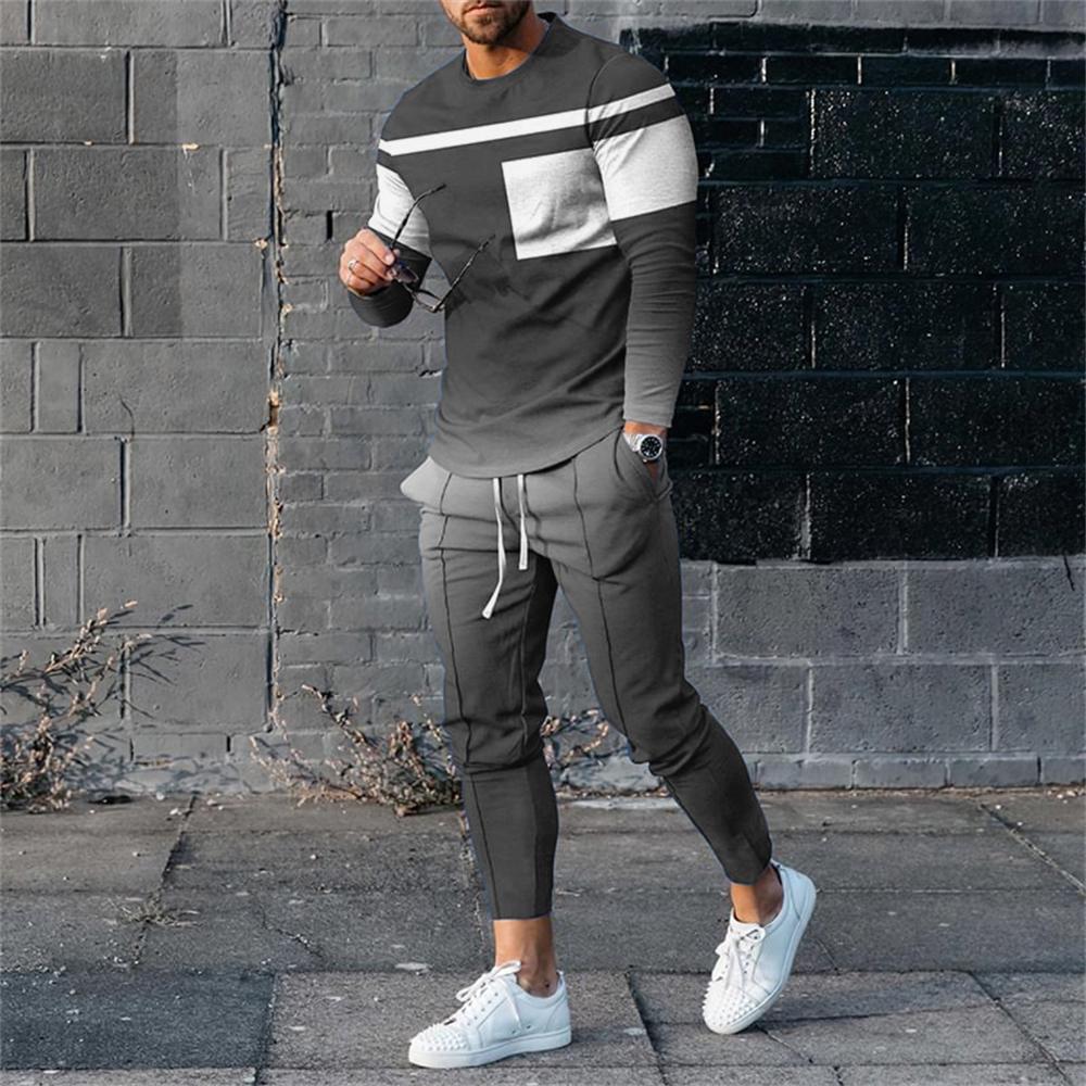 Neues Herren 2-teiliges Set Hose Trainingsanzug 3D-Druck Herbst Jogginghose Langarm-T-Shirt+Hose Freizeit Straßen-Sportkleidung