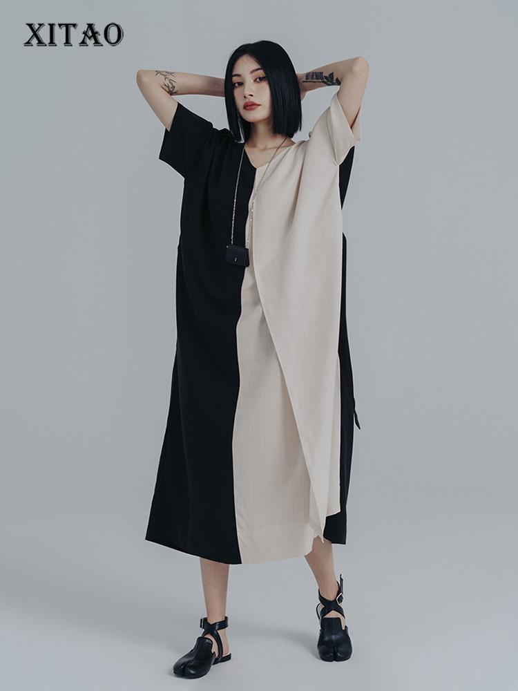 

Платье XITAO контрастного цвета, повседневное свободное бандажное платье, темперамент WMD6187