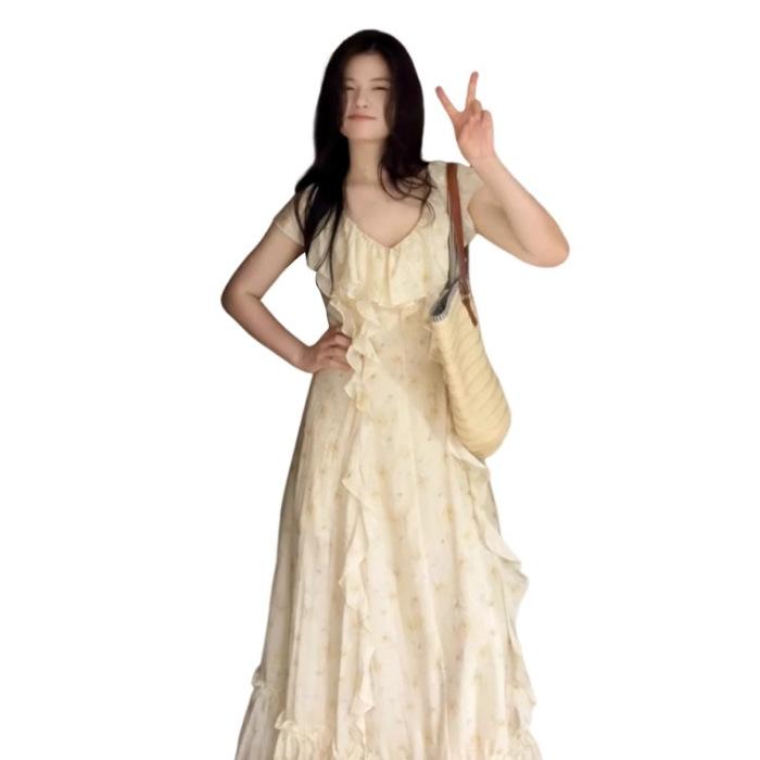 

Summer home, lotus leaf lace sleeves French temperament holiday style front and rear V-neck floral dress women s summer long skirt XL