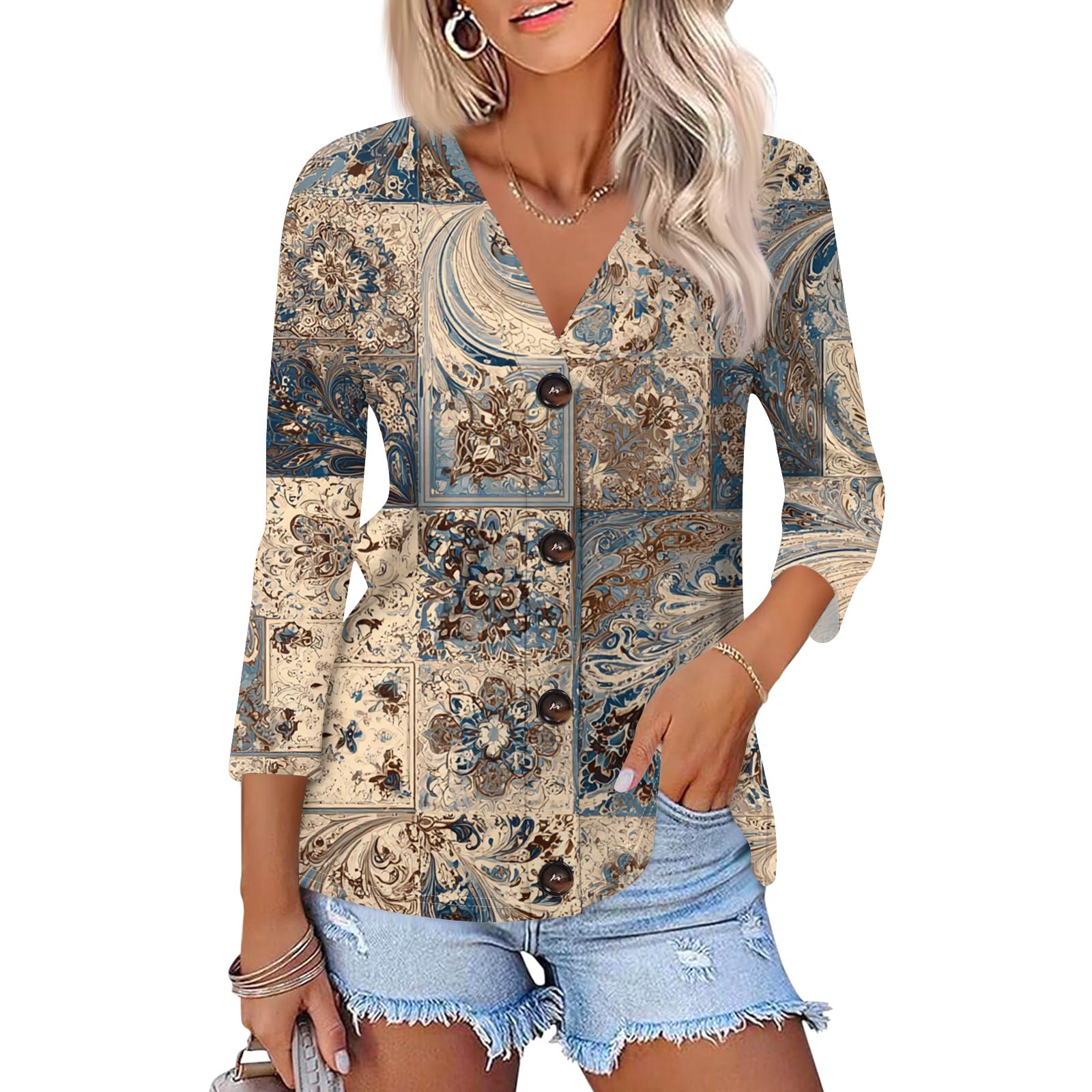 

Женская модная повседневная рубашка на пуговицах с принтом, топ с рукавами 3/4 M хаки