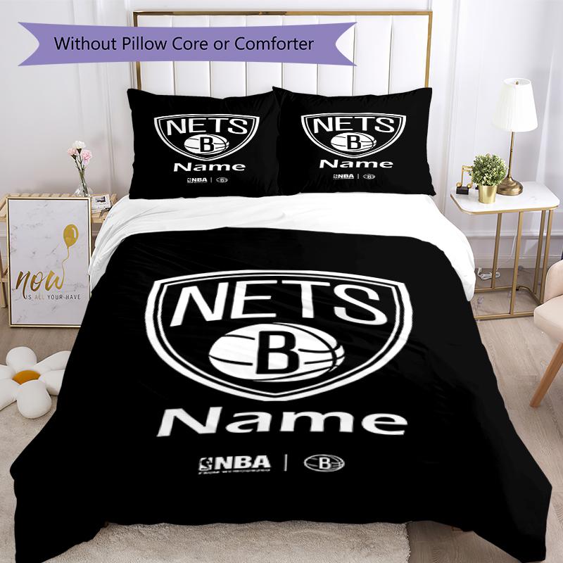 3pcs Custom Name Brooklyn Nets Bedding Set Duvet Cover Closure Includes 1 Duvet Cover & 2 Pillowcases, Soft and Comfortable for All Seasons.