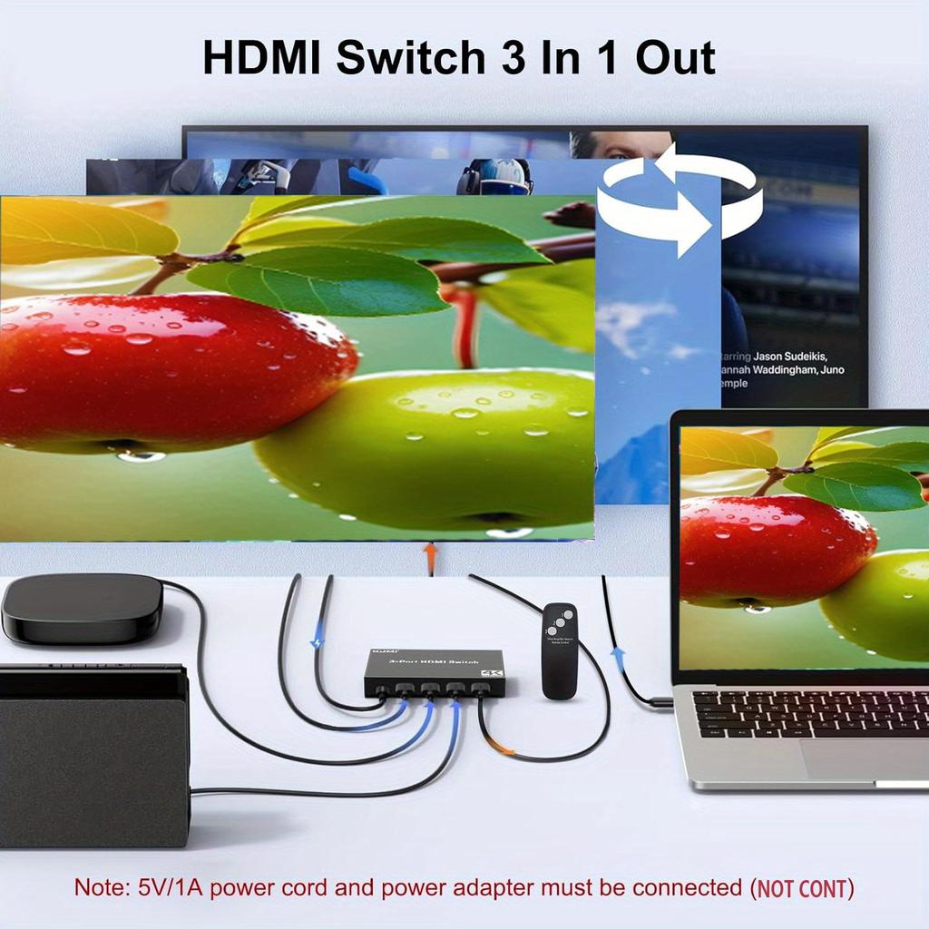 HDMI 3x1 Switch 3-Input 1-Output HDMI Switch HDMI Selector Supporting 4K@30Hz Ultra HD Includes Remote Control 10.2 Gbps High-Speed Data Transfer