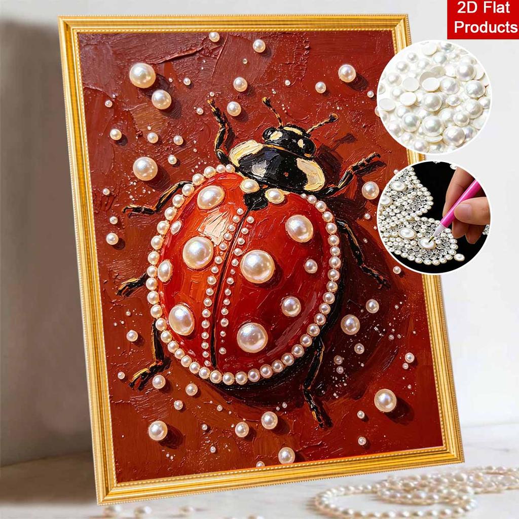 Handmade Framed Pearl Bead Painting Kit Ladybug Insect Pattern 3D Shiny Canvas Art Ready to Display Home Decor Exquisite Gift Idea
