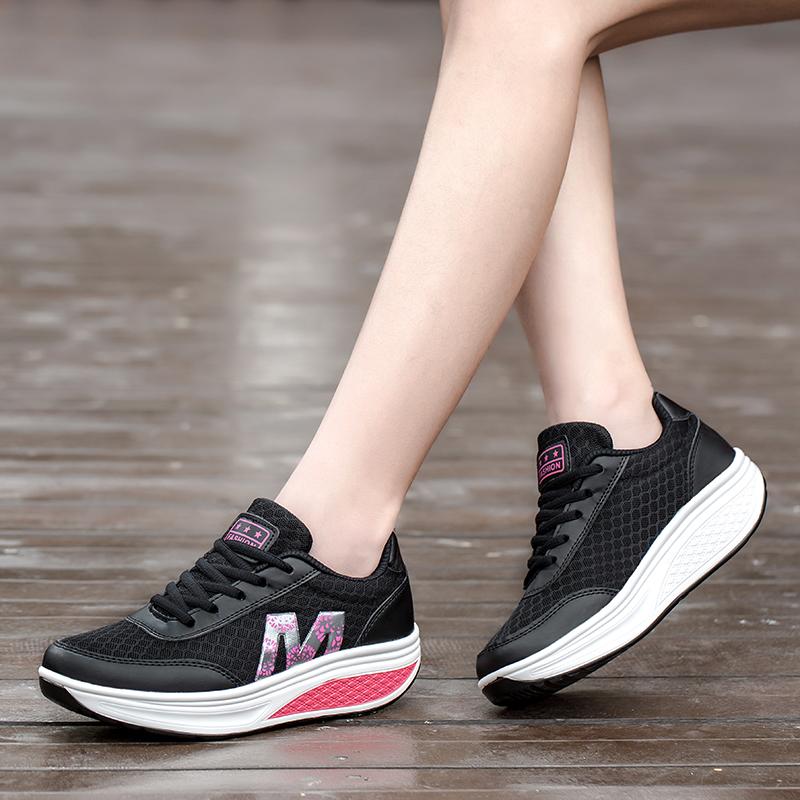 Fashion Women Platform Shoes Breathable Mesh Rocker Shoes Wedge Heels Non-slip Casual Walking Shoes