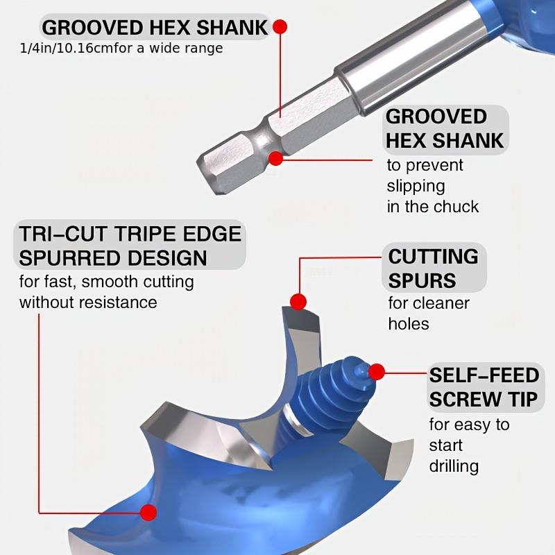 6pcs Woodworking Drill Bit Set, 4-Groove 4-Blade, Hex Shank, Carbon Steel, Round with Square End, for Door Locks, Drawers, Drilling Tools