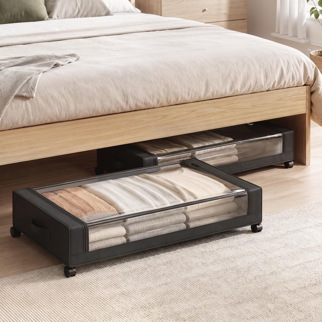 Under-Bed Storage Box on Wheels, Set of 2, 40 L, 78 x 44 x 16 cm, Black