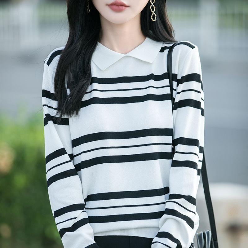 

Тонкий трикотажный свитер с длинными рукавами и лацканами для женщин, чтобы выглядеть стройнее, полосатый свитер базового слоя с воротником поло в стиле колор-блок, новый осенне-зимний свитер XXL белый