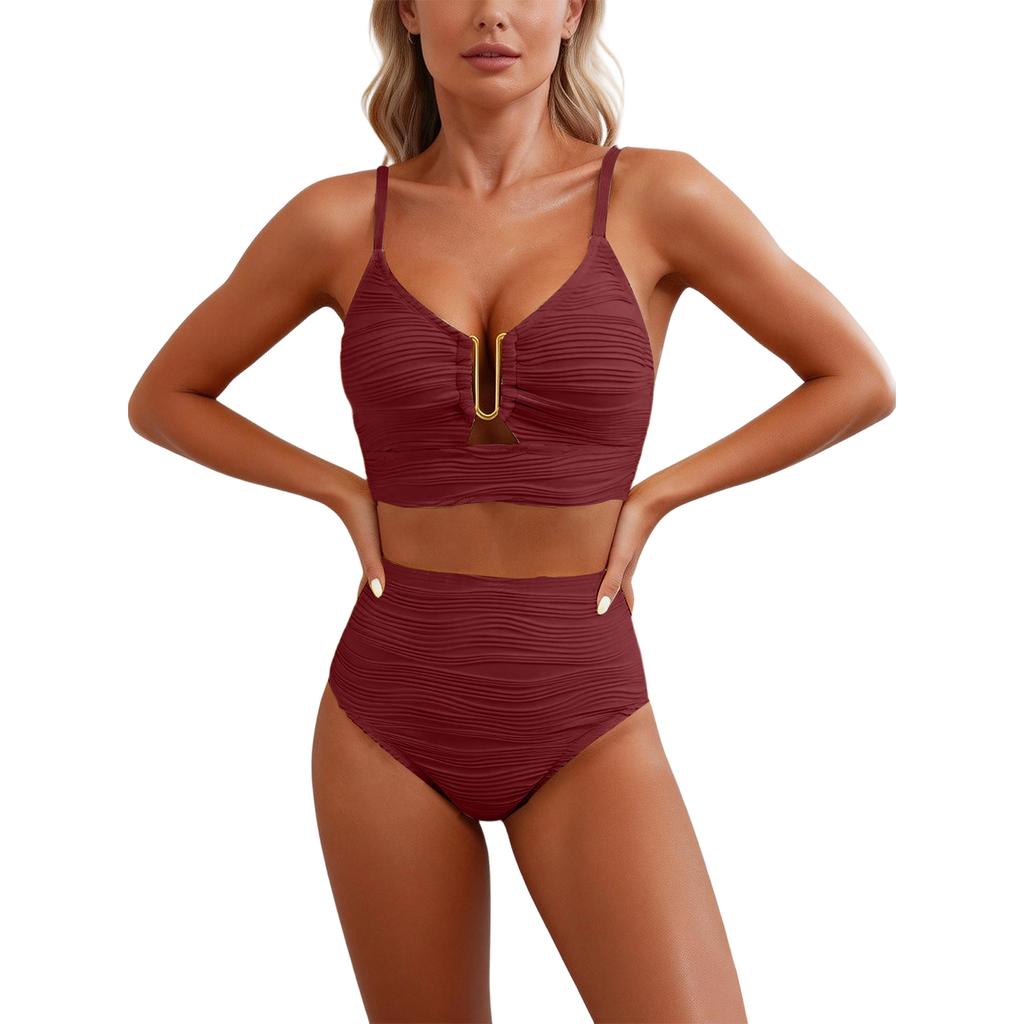 2 Piece Bikini Set Women’s U-Wire Cutout Popular Swimsuit High Waisted Textured 2026 Summer Beach Swim Female Bathing Suits