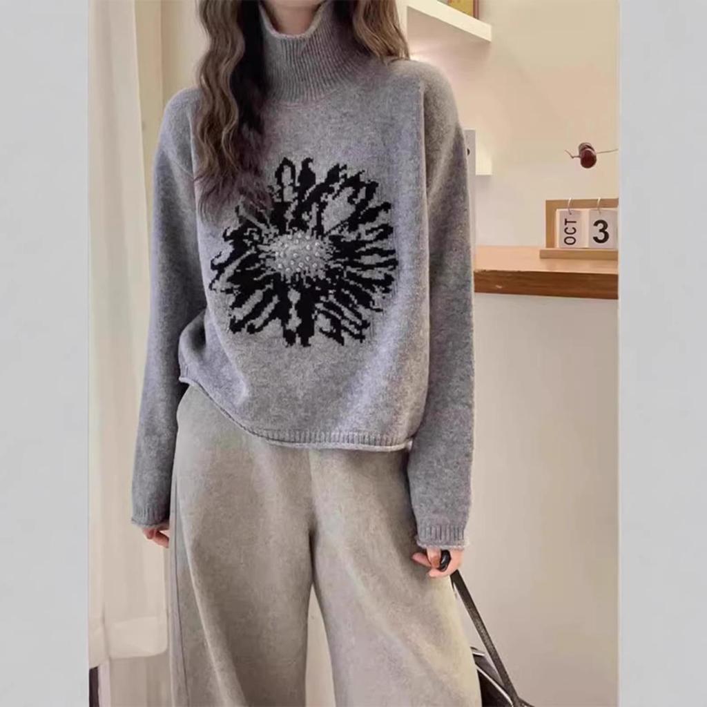 Women's European Retro High Neck Jacquard Sweater - Korean Style, Versatile, Loose Fit Knitwear