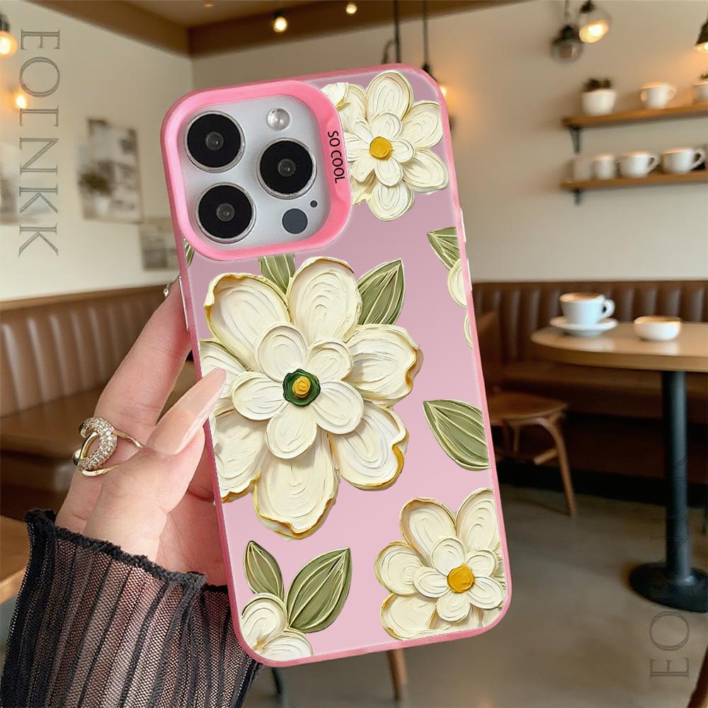 Textured White Flowers Shockproof Phone Case for Iphone 16 15 14 13 12 11 Pro Max/Mini Anti-Scratch Premium Hard Cover