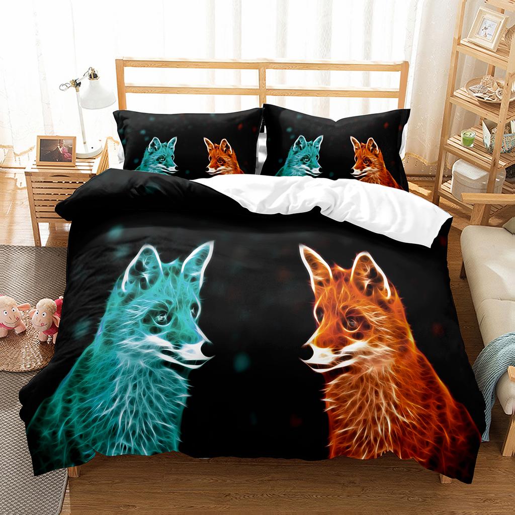 Fox Duvet Cover Set Cartoon Cute Fox Polyester Comforter Cover King Queen Full Size For Kid Boy Girl Bedding Set With Pillowcase