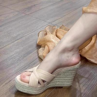 Kleine Muffin-Plateausandalen Damen Strohgewebte Keilsandalen cm Sommer-Sandalen mit hohem Absatz