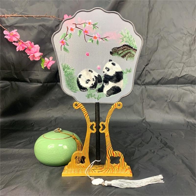 Chinese Styles Ancient Embroidery Fan Decorations Long Handle Tassels Double Side Hand Fan for Womens Girl Performances