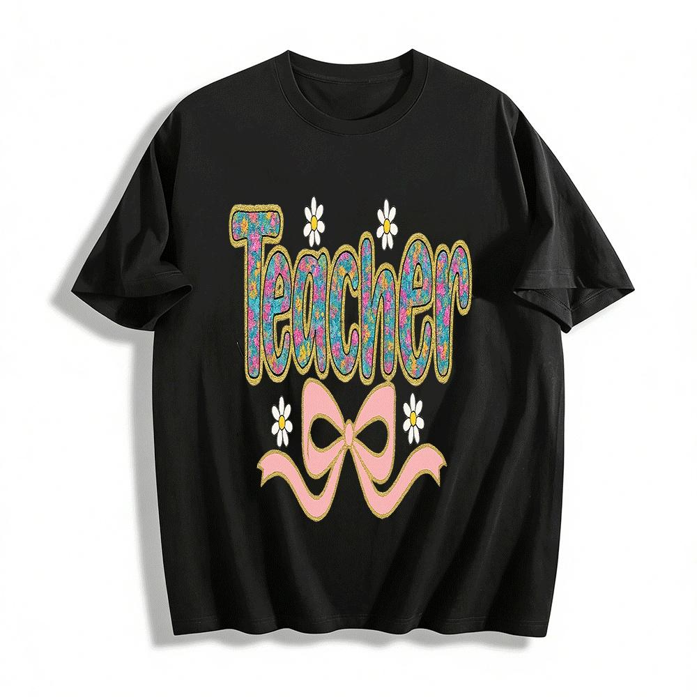 Винтажный Цветочный Принт Учитель Бант Ромашка Женский Повседневный Топ Хлопковая Футболка XXS