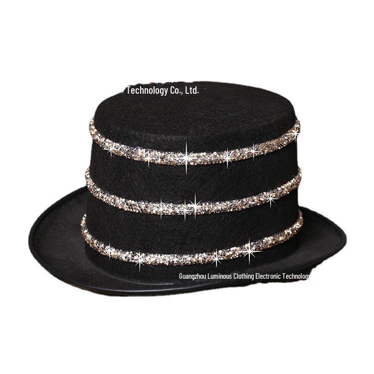 LED Jazz Hat with Diamonds: High-Brightness White Light Top Hat for Dance Parties, KTV, and Bars, Battery Operated