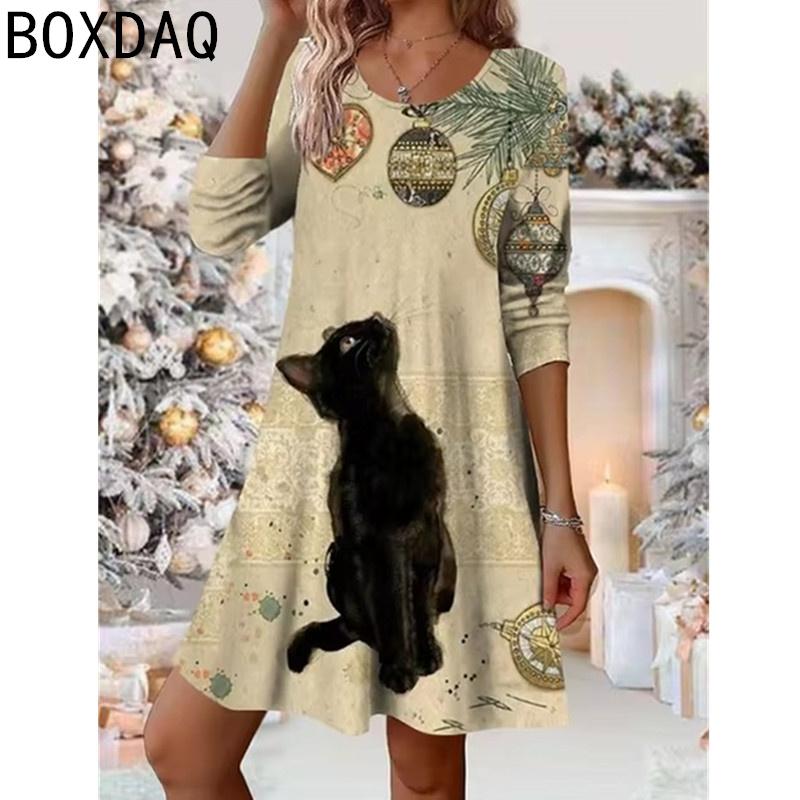 3D Funny Cartoon Cat Print Mini Dress Vintage Loose A-Line Casual Dress Autumn New Women's Long Sleeve O-Neck Sweet Kawaii Dress