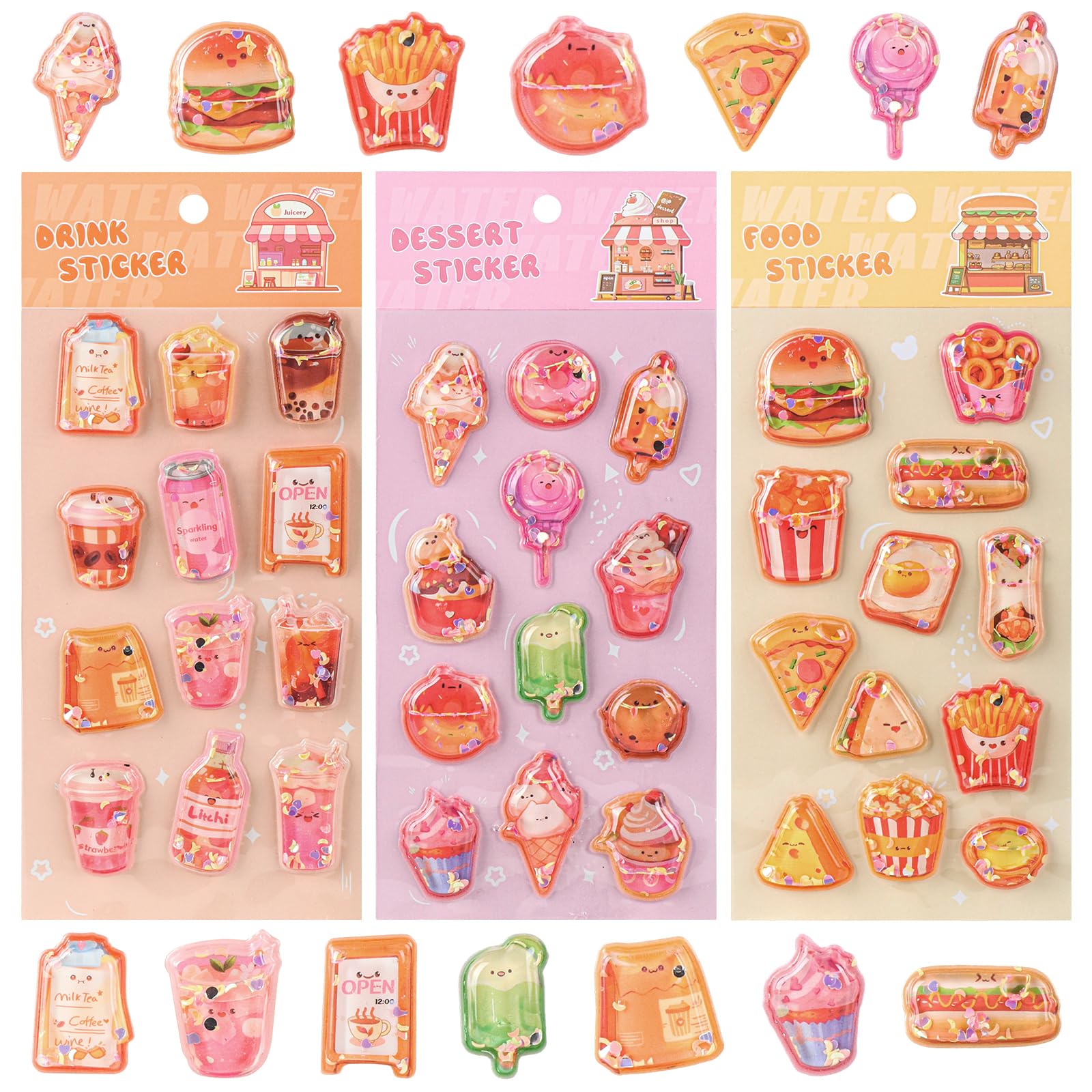 

LittleSo Water Seal 3D Embossed Stickers Water-Inside Girl Motifs Cute Decorations Stationery DIY Phone Accessories Food Themes Kids Rewards Notebook