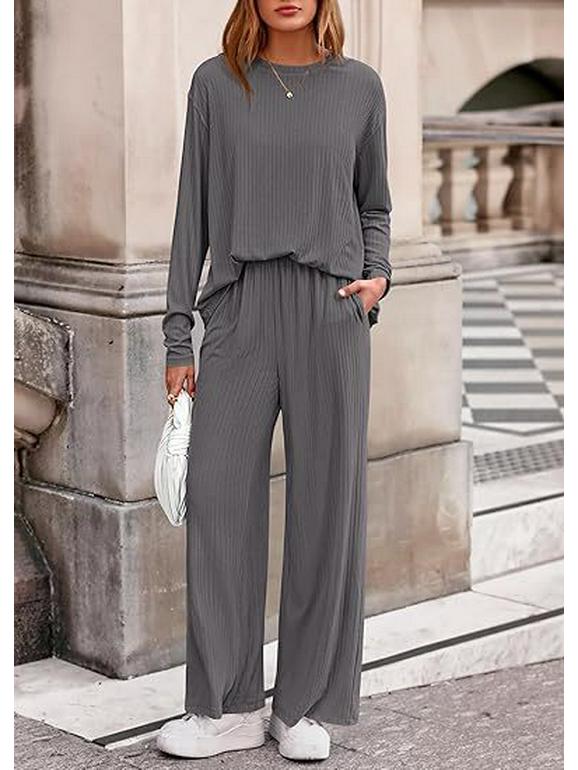 Women's Autumn 2-Piece Set: Long Sleeve Ribbed Knit Top & Wide Leg Pants - Casual & Postpartum Wear
