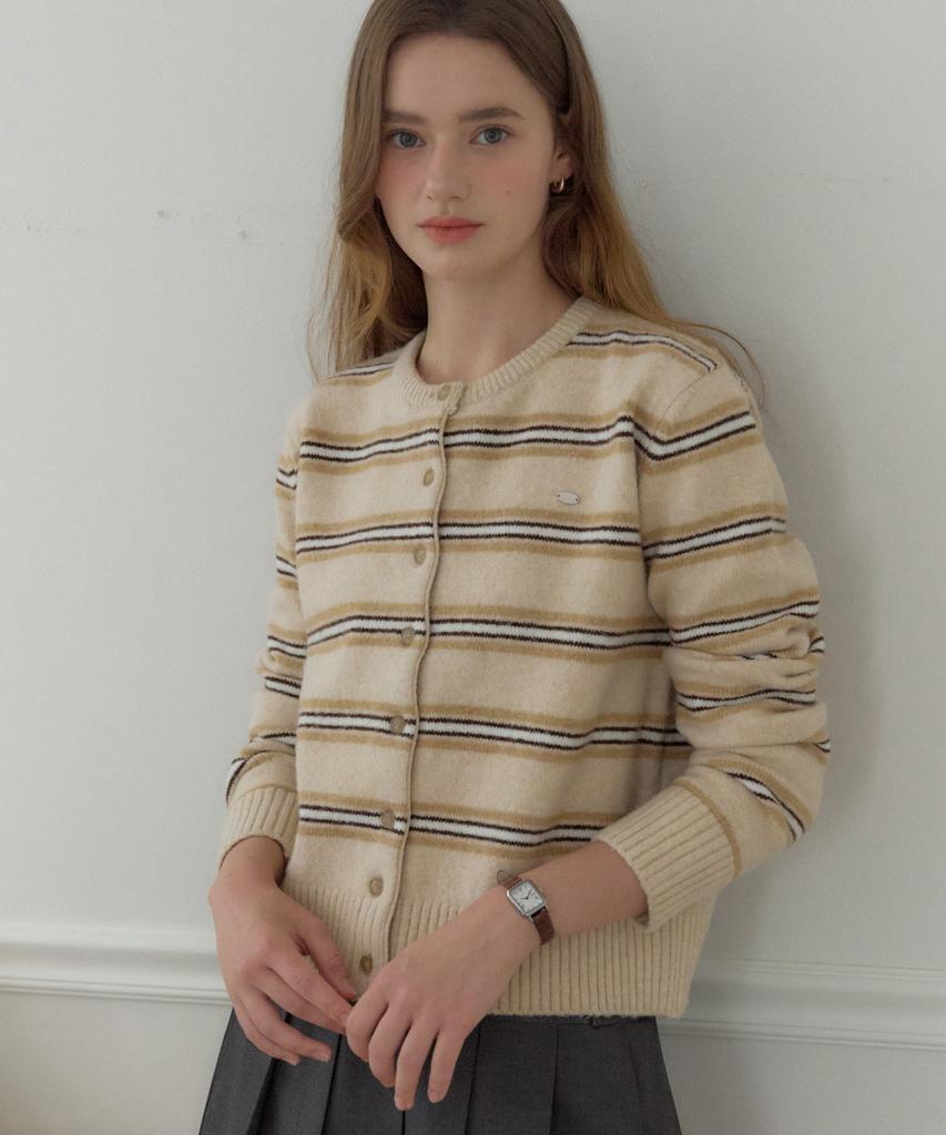 Ourhope Multi-Stripe Round Neck Cardigan - Beige
