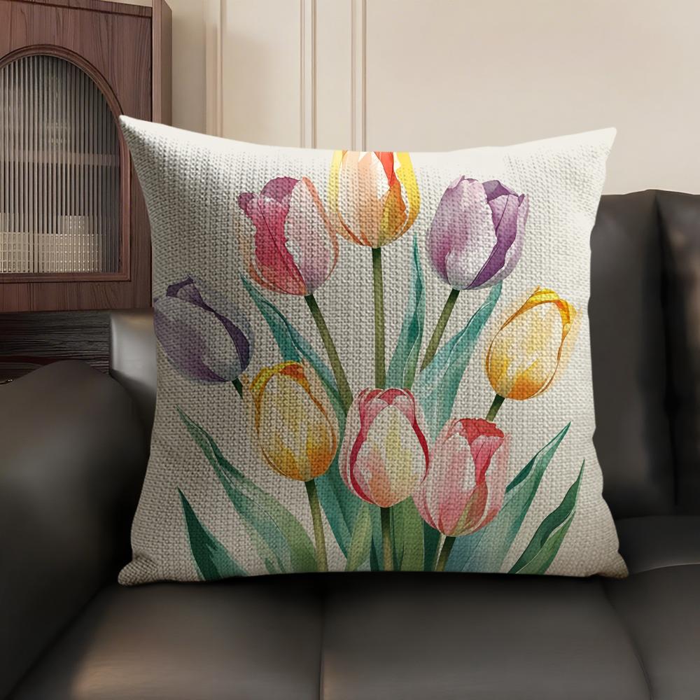 Watercolor Tulip Painting Cushion Cover Natural Linen Organic Fabric DoubleSided Printing Sofa Home Decor Gift Pillow Case