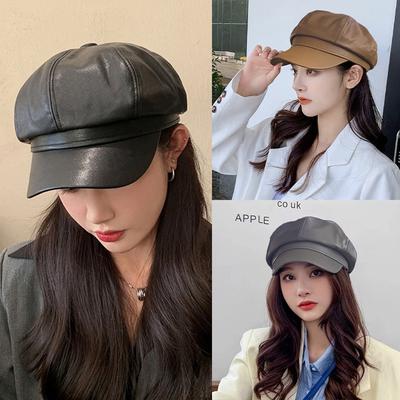 Berets Female Korean Version Small Pu Leather Caps Octagonal Caps