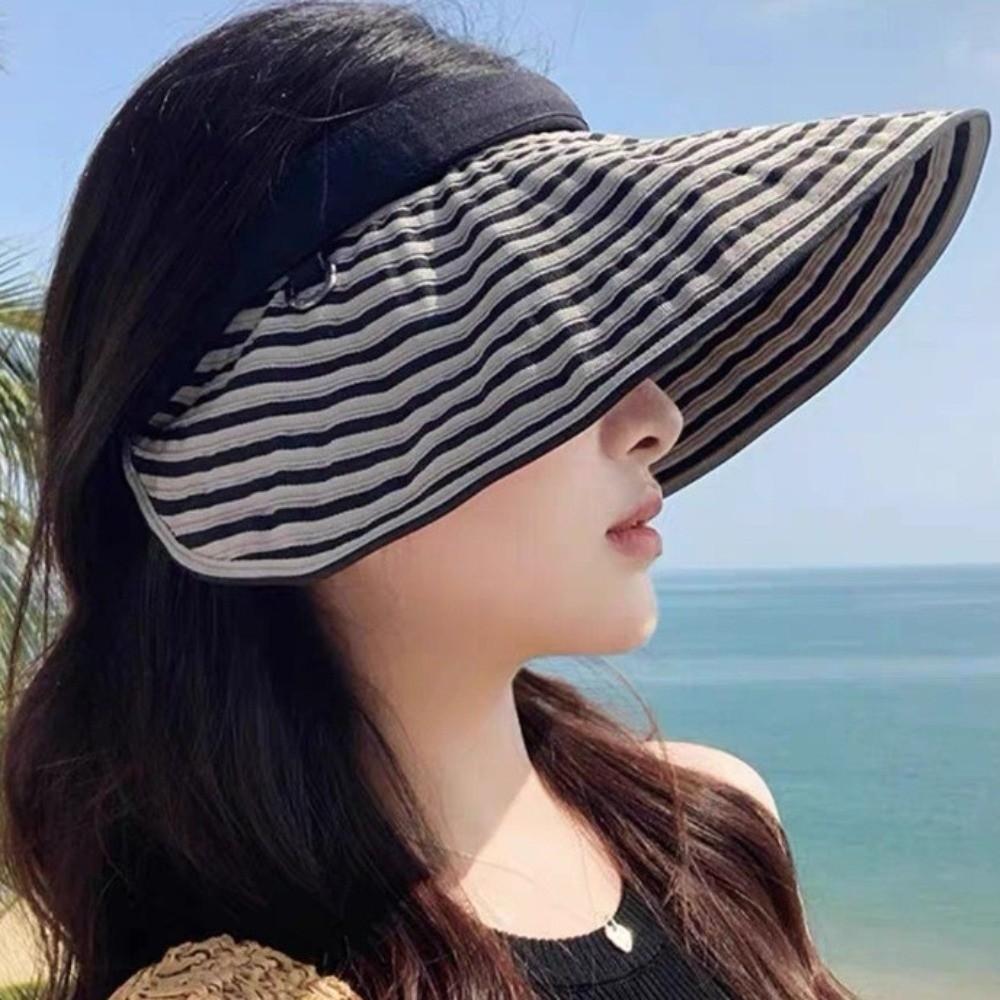 Foldable Stripe Empty Top Hat Wide Brim Striped Headband Fashion Sun Protection Cap Beach Holiday