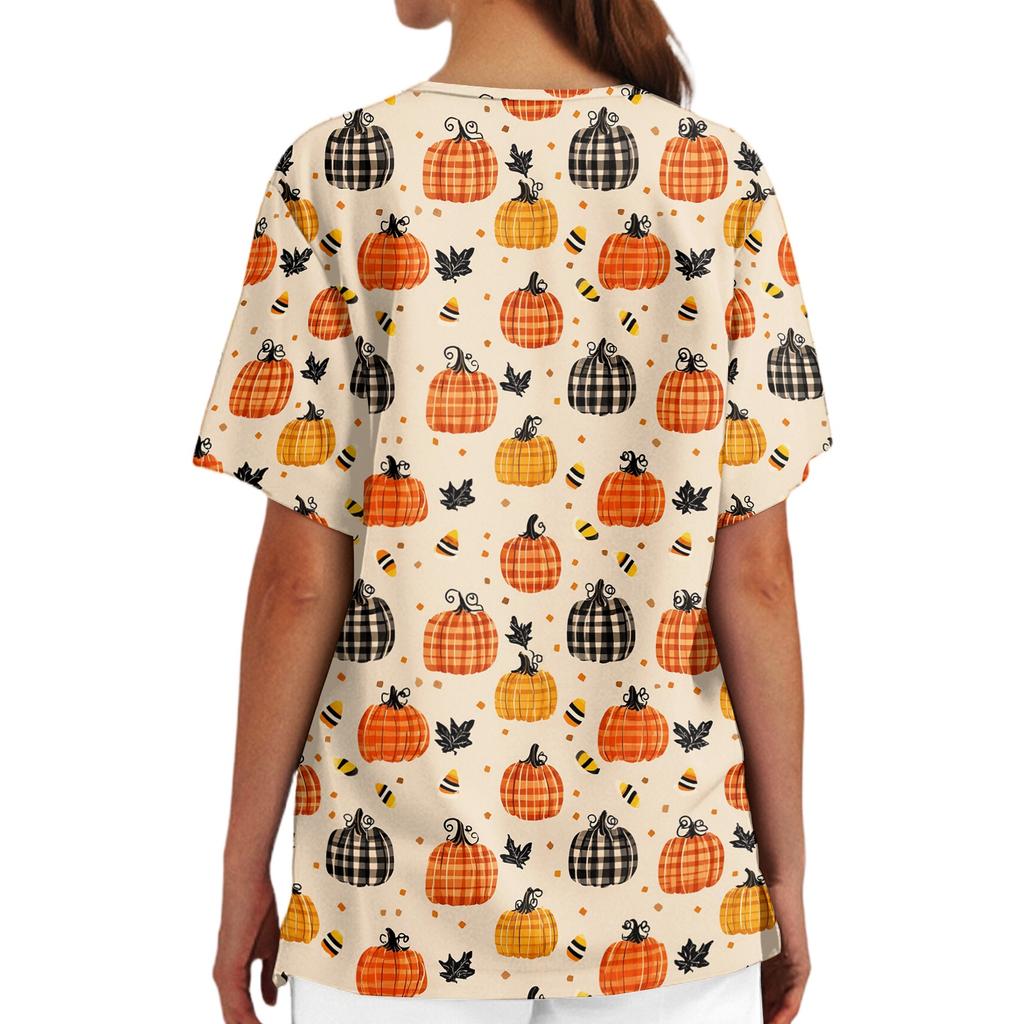 Womens V Neck Halloween Print Medical Scrub Top with Pockets Side Slits Short Sleeve Work Shirt for Healthcare Professionals