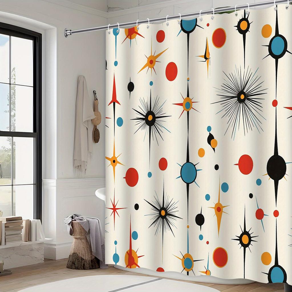 Retro Abstract Geometric Shower Curtain - Mid-Century Modern Design, Black, Red, Orange, Blue & Yellow,Machine Washable