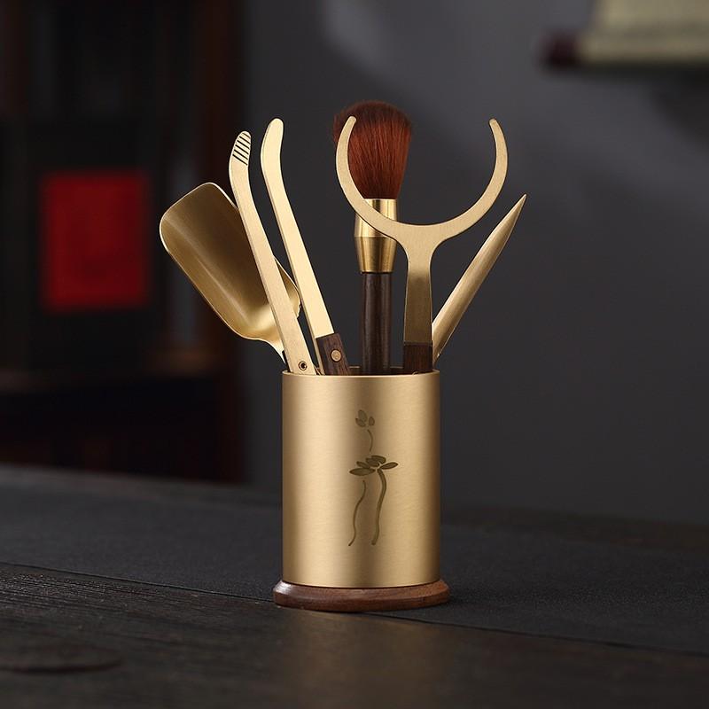 Copper Ebony Wood Tea Ceremony Six Tools Set Gongfu - Teaspoon Pick Tongs Scoop Brush Caddy