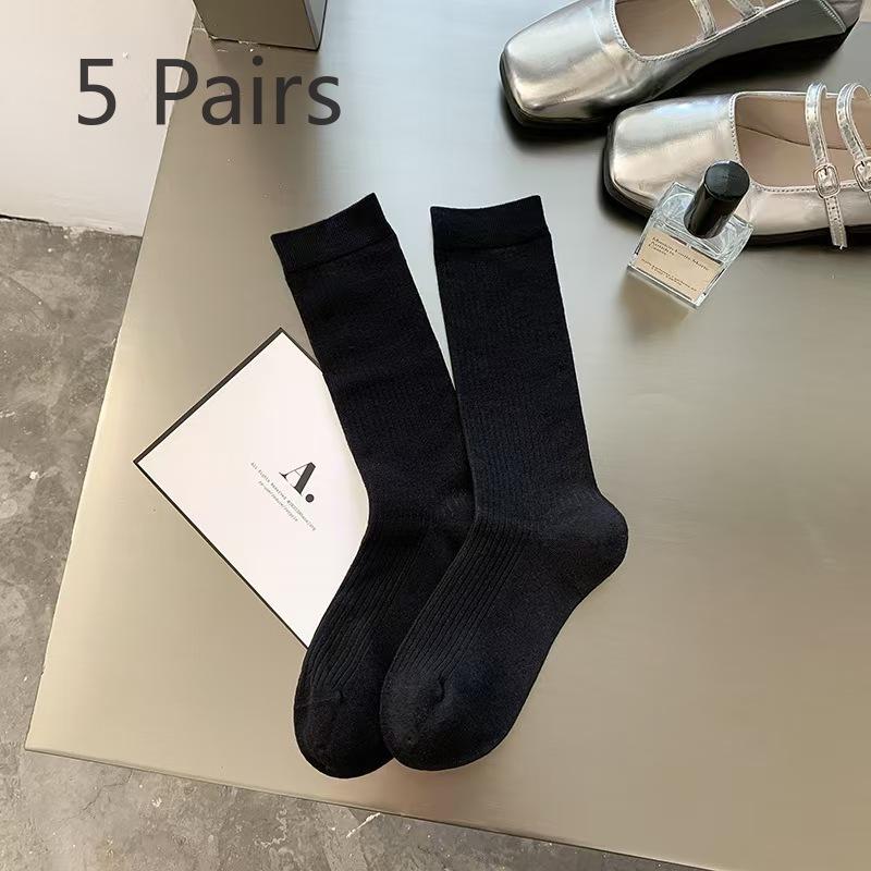 5 Pairs of Female Spring and Autumn Solid Color Cotton Socks